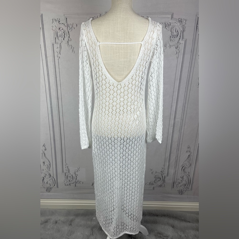 Deep V-Neck Knit Long Sleeve Lightweight Swimsuit Beach Coverup Dress - Picture 12 of 12